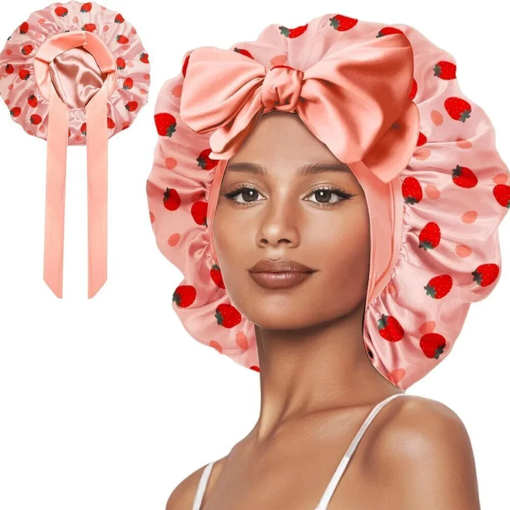 Double Layer Silk Bonnet with Tie Satin Lined Sleep Cap Hair Cover for Women's C